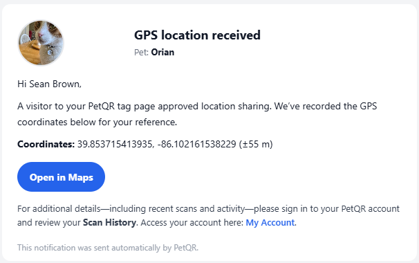 Example email alert from PetQR