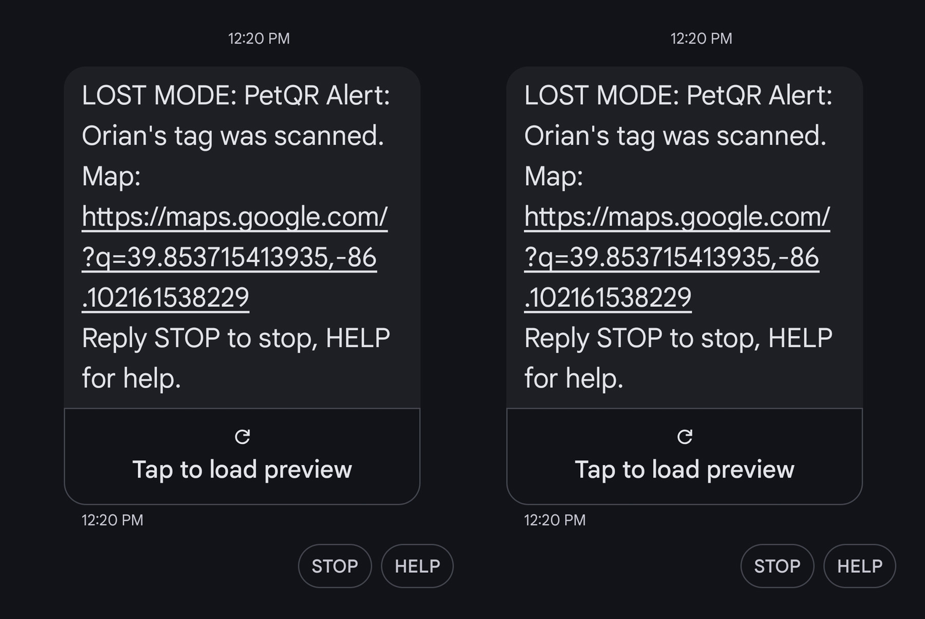 Example SMS alert from PetQR