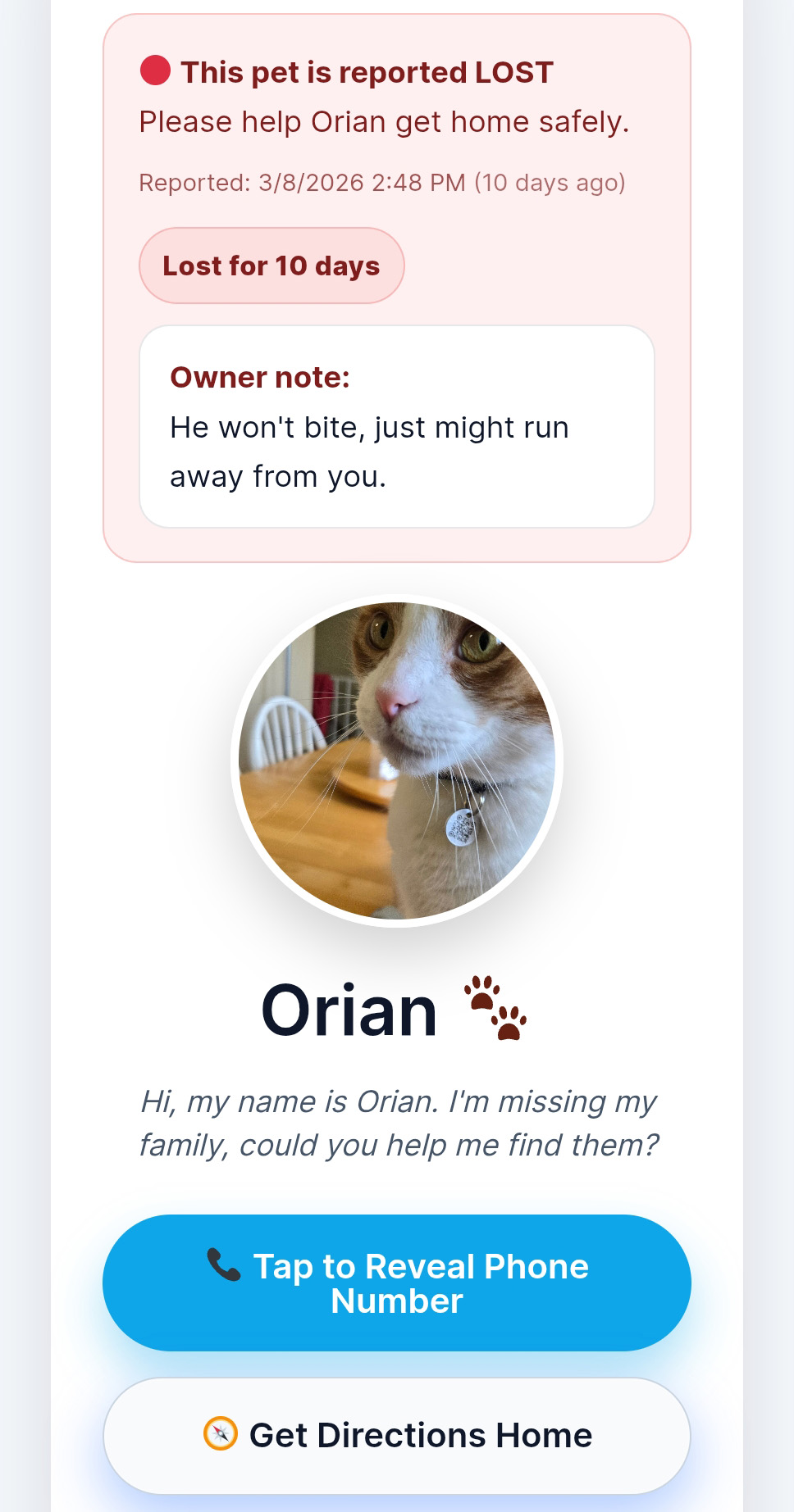 PetQR scan flow showing lost pet contact page