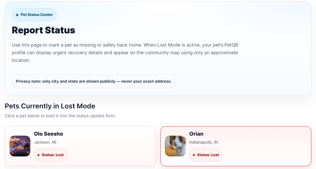 Example PetQR lost mode and report status screen